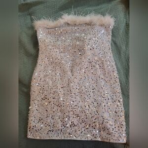 SHEIN White Feathrr Sequin Strapless Mini Dress